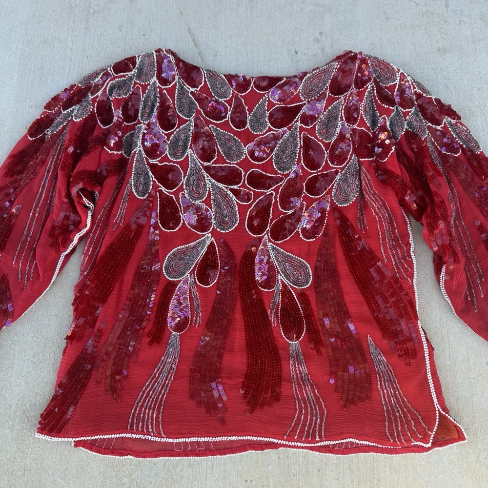 Vintage Art Deco Pure Silk Medium Red Rhinestone‎ Sequin Bling Beaded Iridescent - Picture 2 of 9